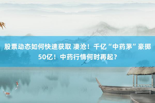 股票动态如何快速获取 凄沧！千亿“中药茅”豪掷50亿！中药行情何时再起？