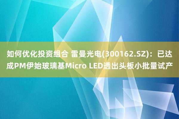 如何优化投资组合 雷曼光电(300162.SZ)：已达成PM伊始玻璃基Micro LED透出头板小批量试产