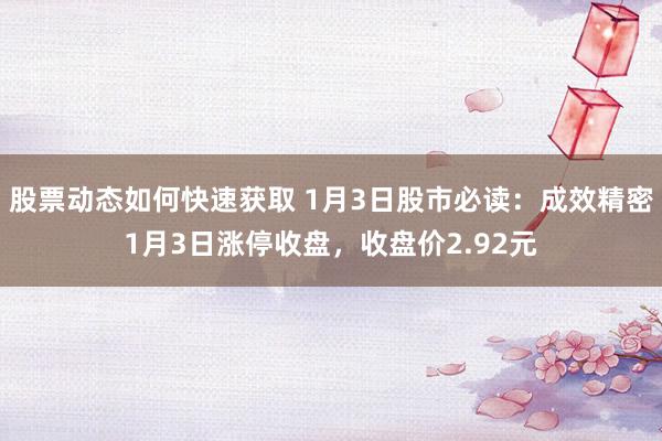 股票动态如何快速获取 1月3日股市必读：成效精密1月3日涨停收盘，收盘价2.92元